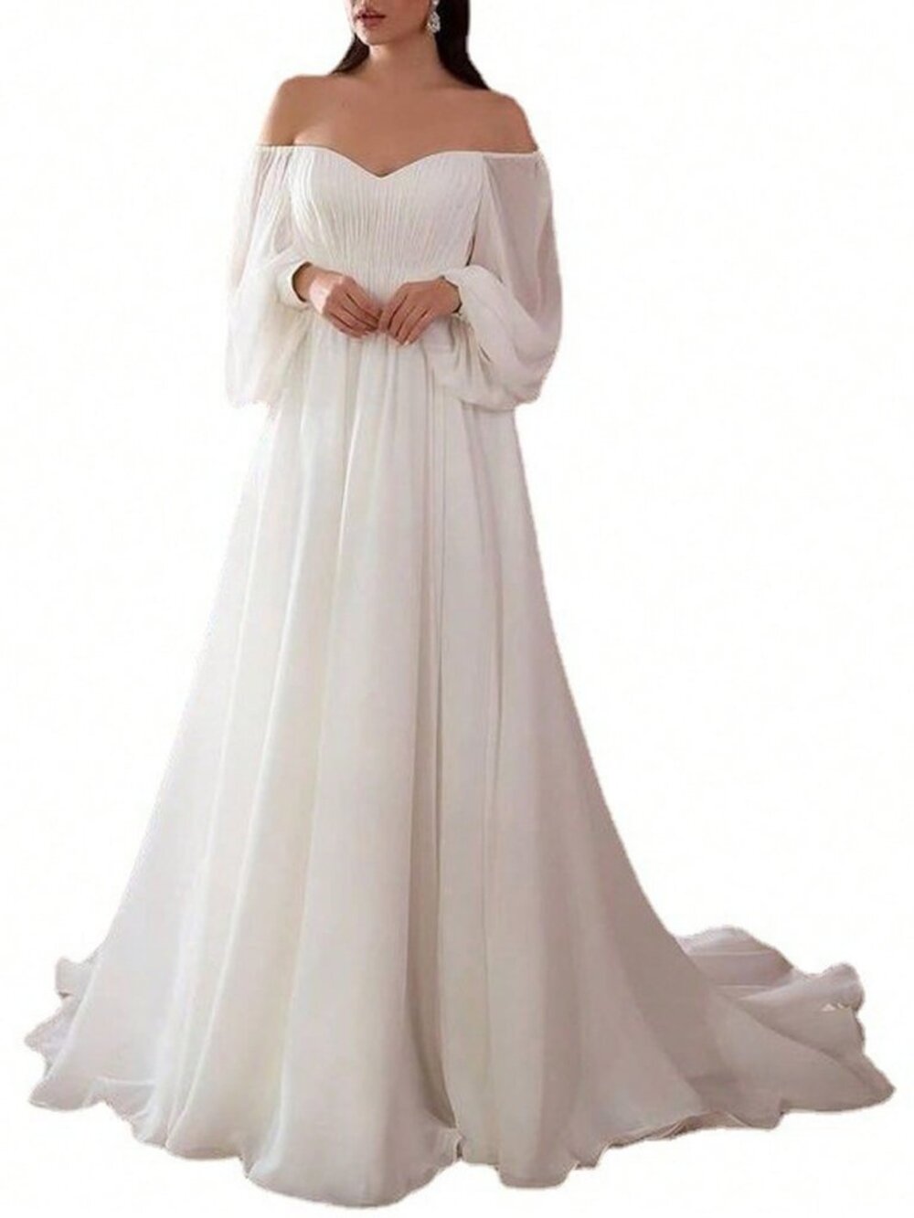 White Boho Women's Chiffon Off The Shoulder Long Sleeve A-Line Maxi Dress - Picture 8 of 9